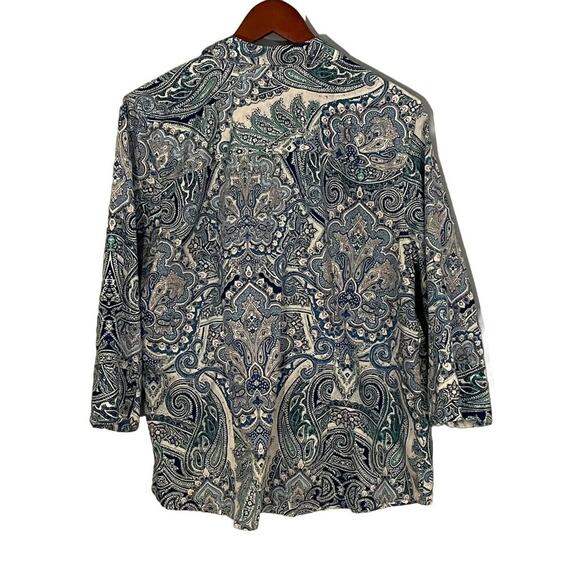 Chico's Cotton Non-Iron Blue Paisley V-Neck Button Down 3/4 Sleeve Shirt, XL - Picture 2 of 12
